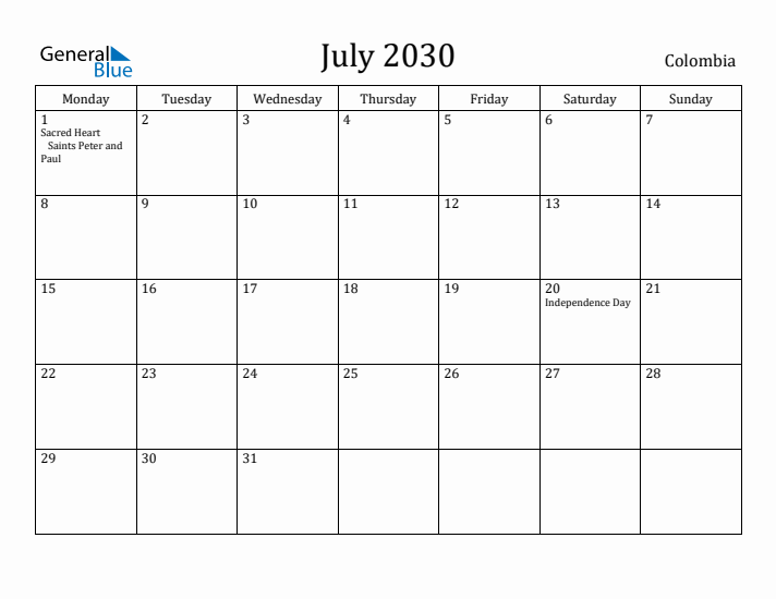 July 2030 Calendar Colombia