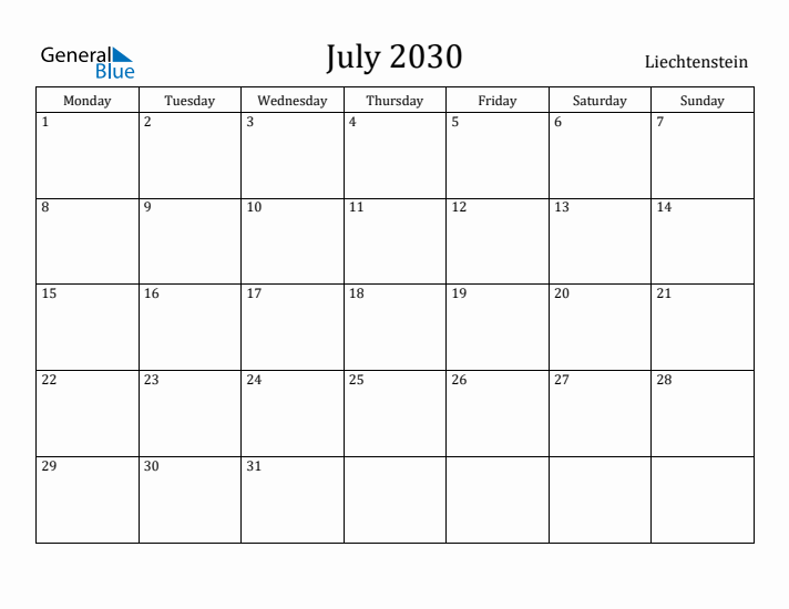 July 2030 Calendar Liechtenstein