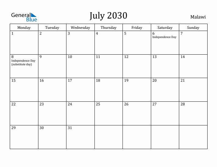 July 2030 Calendar Malawi