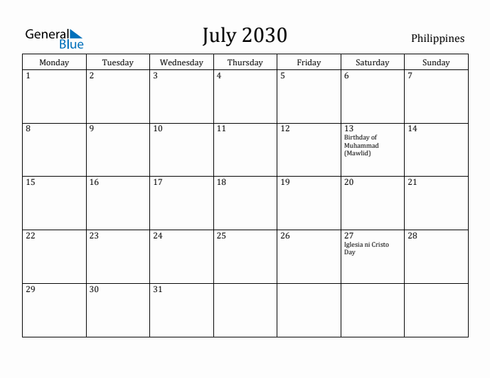 July 2030 Calendar Philippines