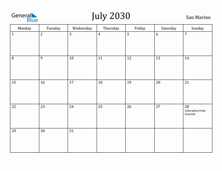 July 2030 Calendar San Marino