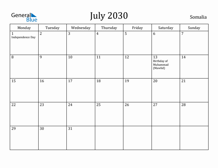 July 2030 Calendar Somalia