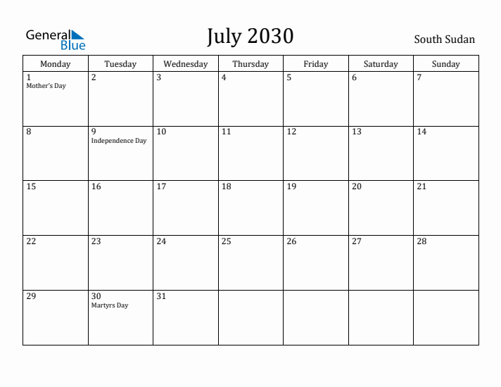 July 2030 Calendar South Sudan