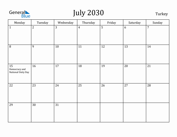 July 2030 Calendar Turkey