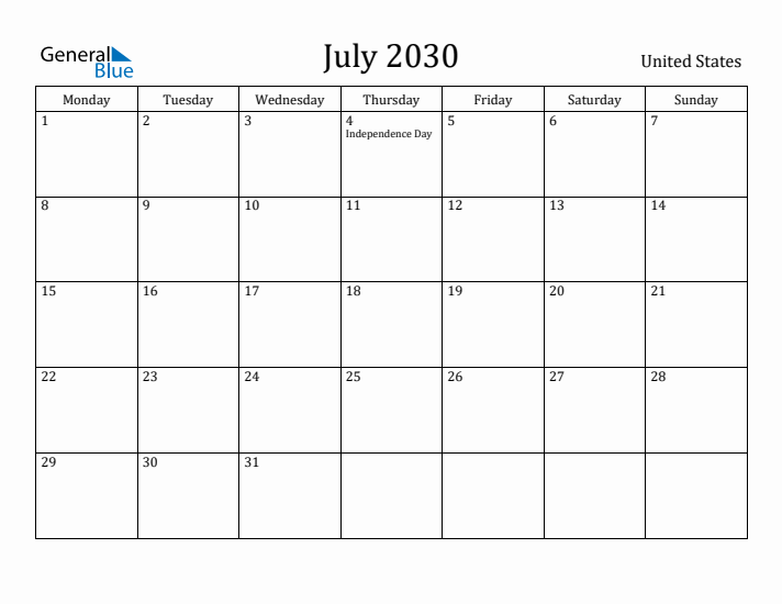 July 2030 Calendar United States