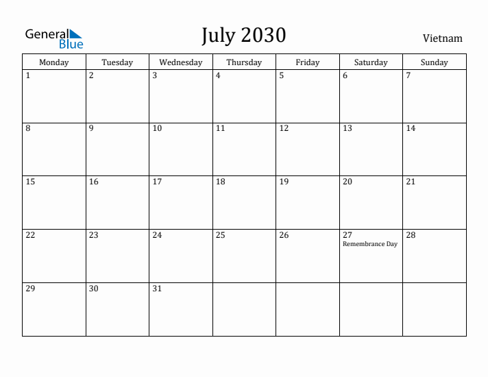 July 2030 Calendar Vietnam