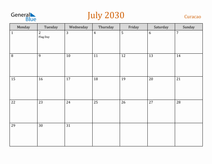 July 2030 Holiday Calendar with Monday Start