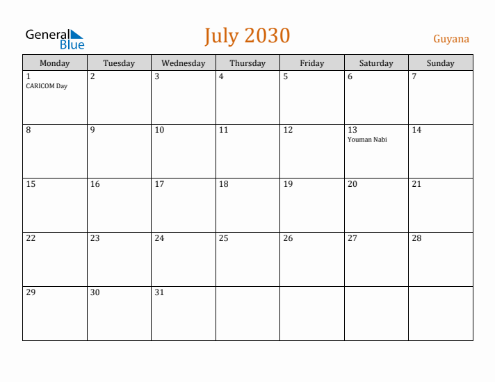 July 2030 Holiday Calendar with Monday Start