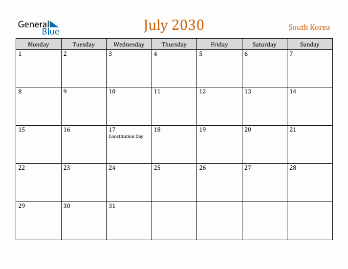 July 2030 Holiday Calendar with Monday Start