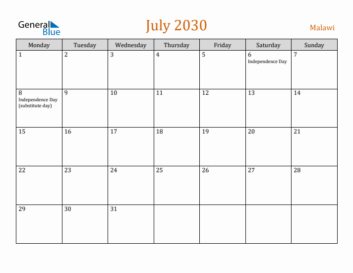 July 2030 Holiday Calendar with Monday Start