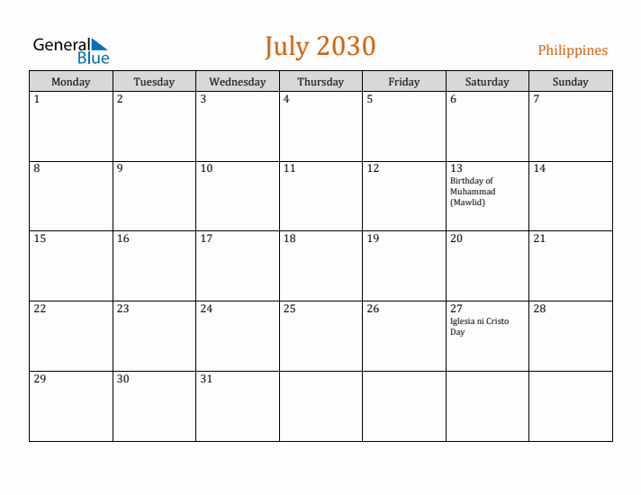 July 2030 Holiday Calendar with Monday Start