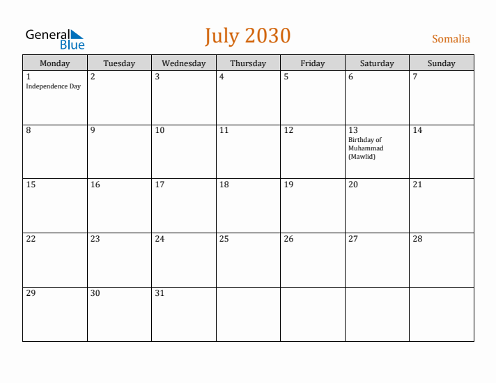 July 2030 Holiday Calendar with Monday Start