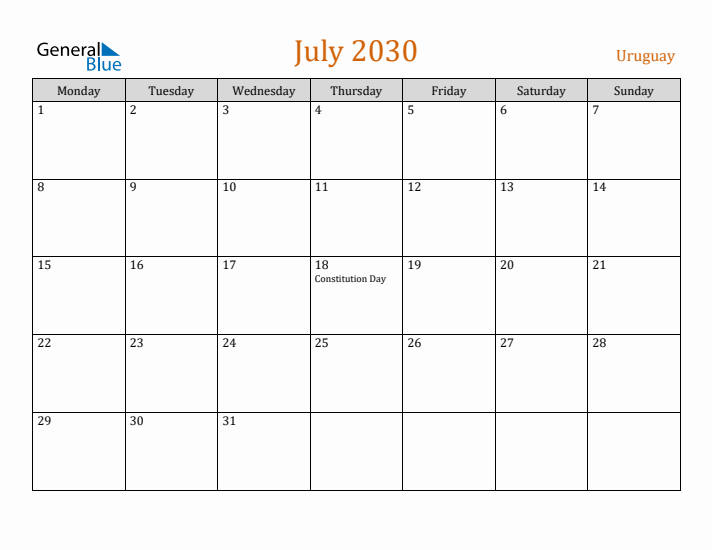 July 2030 Holiday Calendar with Monday Start