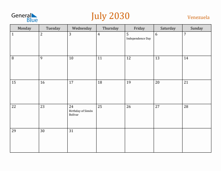 July 2030 Holiday Calendar with Monday Start