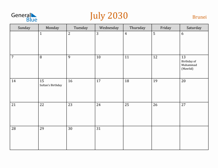 July 2030 Holiday Calendar with Sunday Start