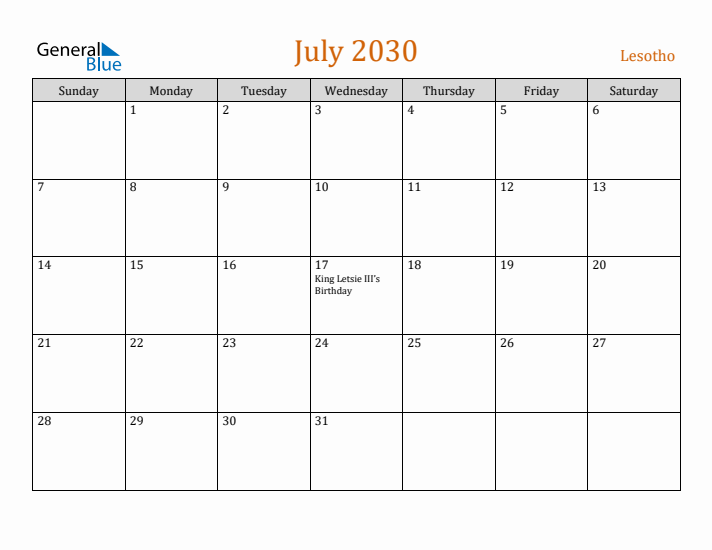 July 2030 Holiday Calendar with Sunday Start