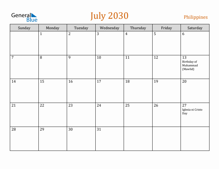 July 2030 Holiday Calendar with Sunday Start