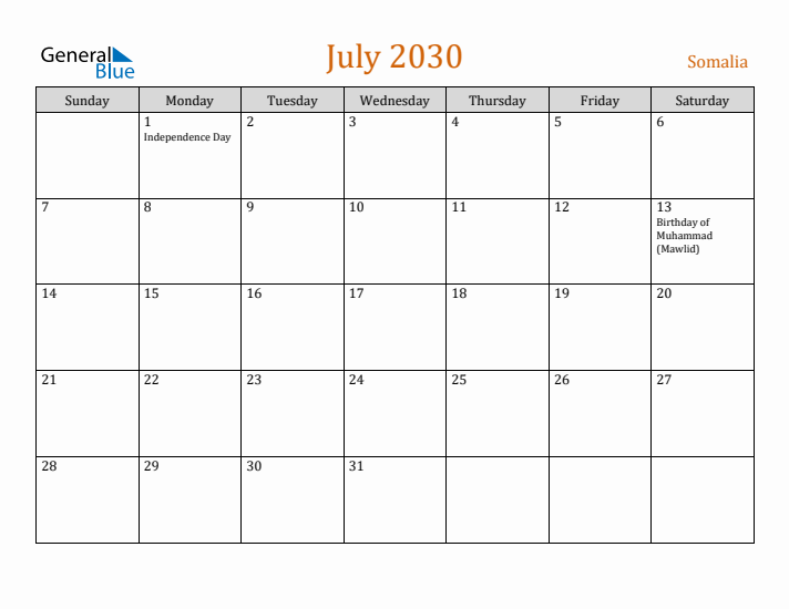 July 2030 Holiday Calendar with Sunday Start