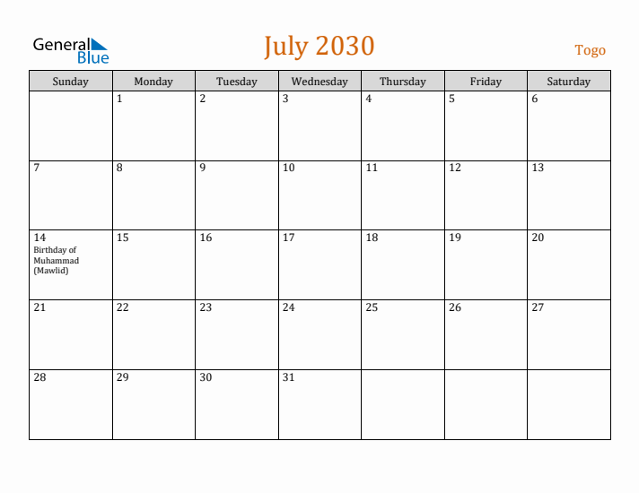 July 2030 Holiday Calendar with Sunday Start