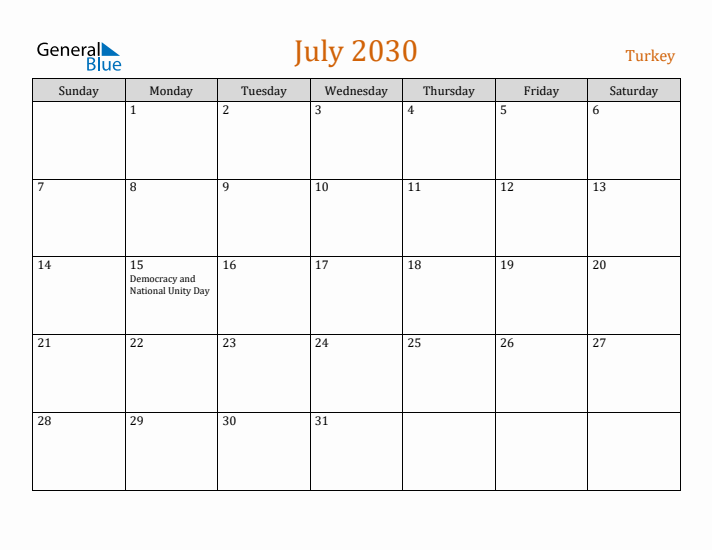 July 2030 Holiday Calendar with Sunday Start