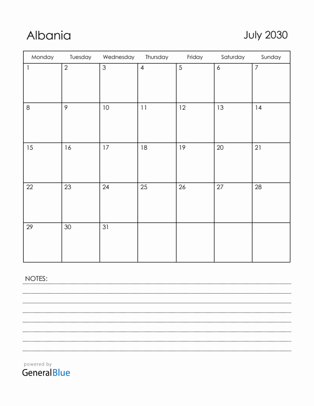 July 2030 Albania Calendar with Holidays (Monday Start)