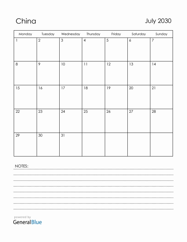 July 2030 China Calendar with Holidays (Monday Start)