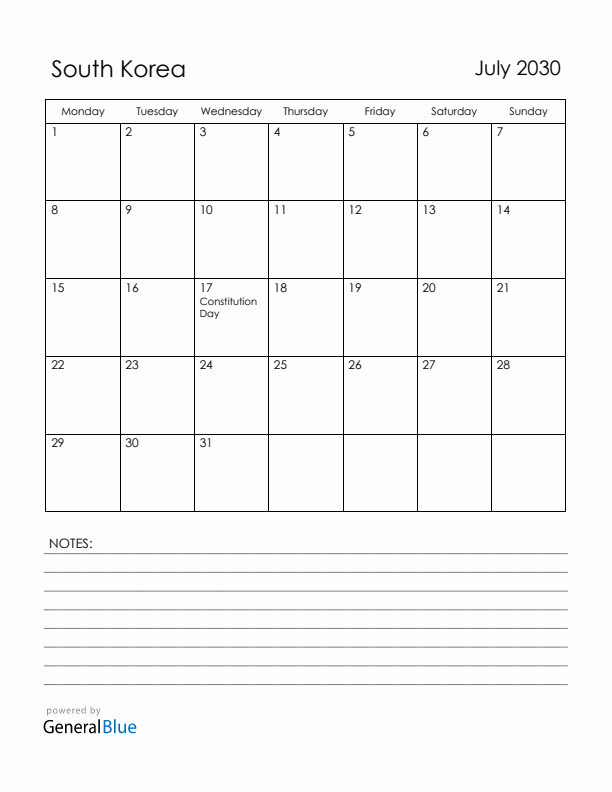 July 2030 South Korea Calendar with Holidays (Monday Start)