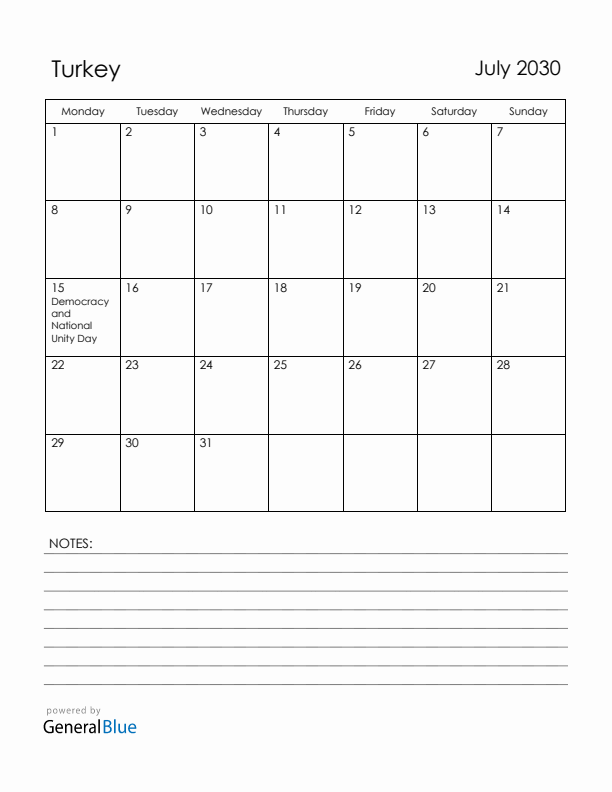 July 2030 Turkey Calendar with Holidays (Monday Start)