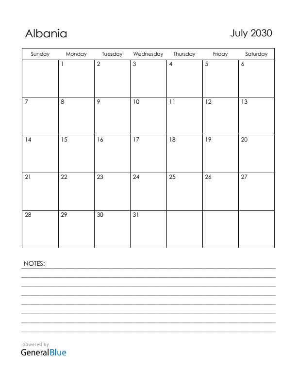 July 2030 Albania Calendar with Holidays (Sunday Start)