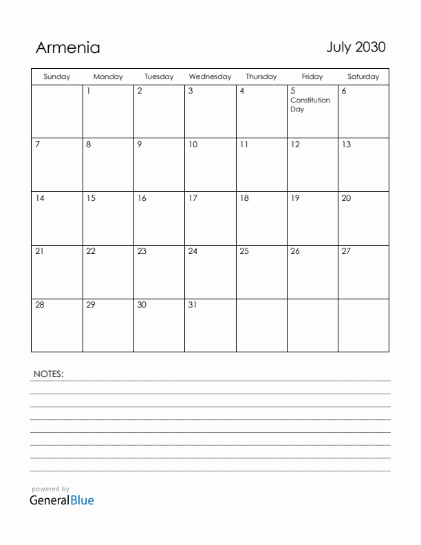 July 2030 Armenia Calendar with Holidays (Sunday Start)