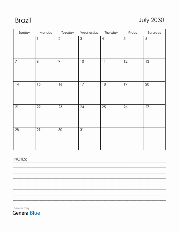 July 2030 Brazil Calendar with Holidays (Sunday Start)
