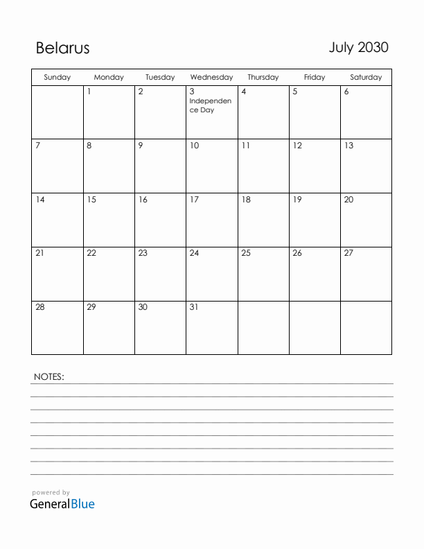 July 2030 Belarus Calendar with Holidays (Sunday Start)