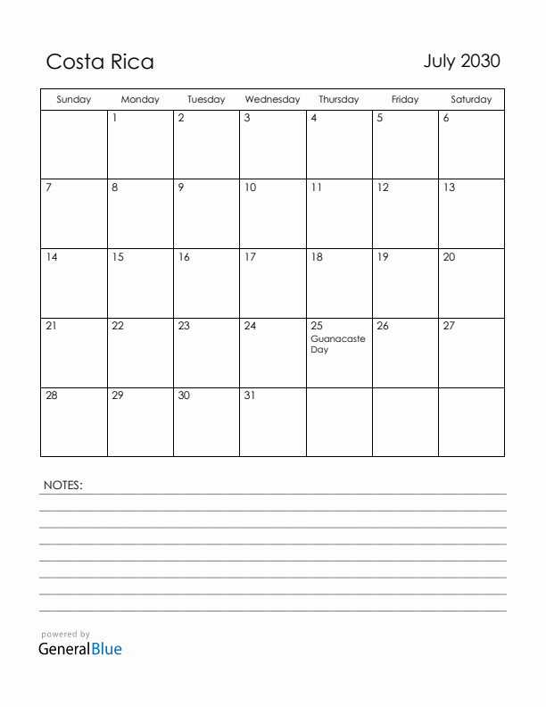 July 2030 Costa Rica Calendar with Holidays (Sunday Start)