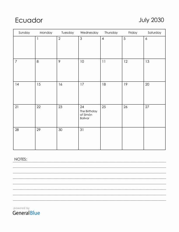 July 2030 Ecuador Calendar with Holidays (Sunday Start)