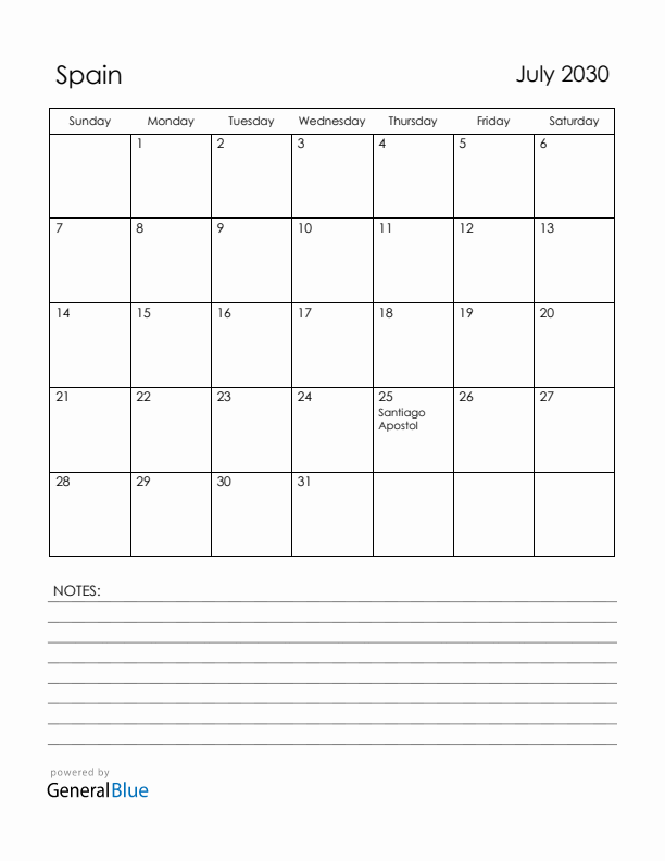 July 2030 Spain Calendar with Holidays (Sunday Start)