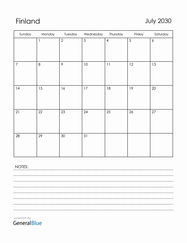 July 2030 Finland Calendar with Holidays (Sunday Start)