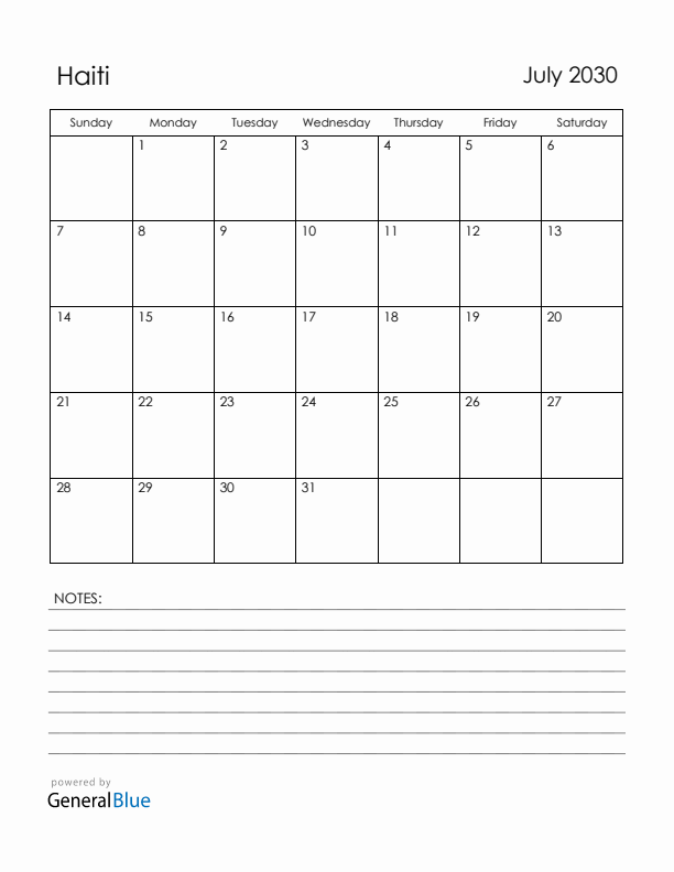 July 2030 Haiti Calendar with Holidays (Sunday Start)