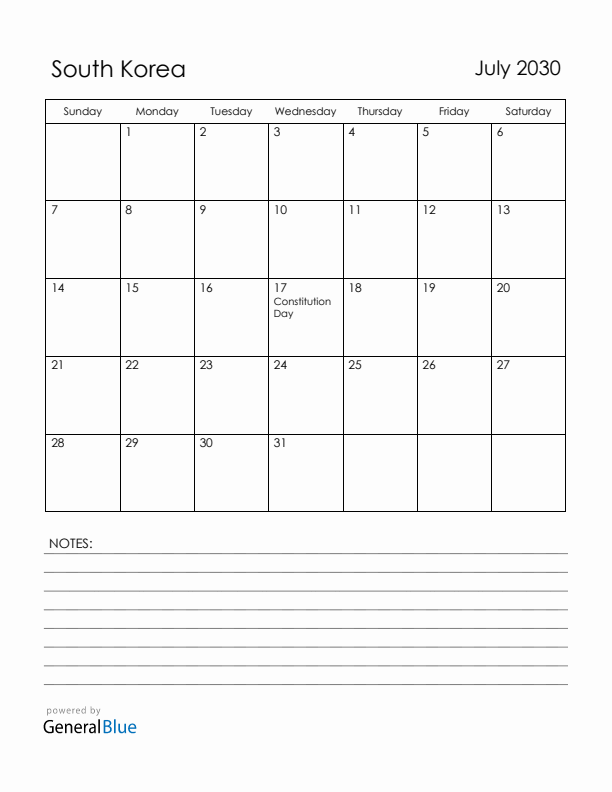 July 2030 South Korea Calendar with Holidays (Sunday Start)