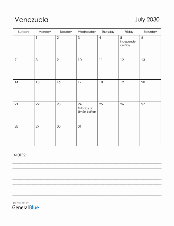 July 2030 Venezuela Calendar with Holidays (Sunday Start)