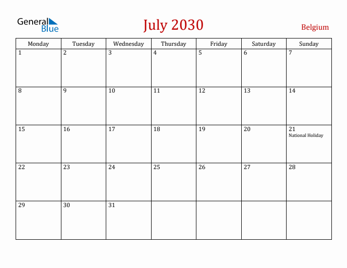 Belgium July 2030 Calendar - Monday Start