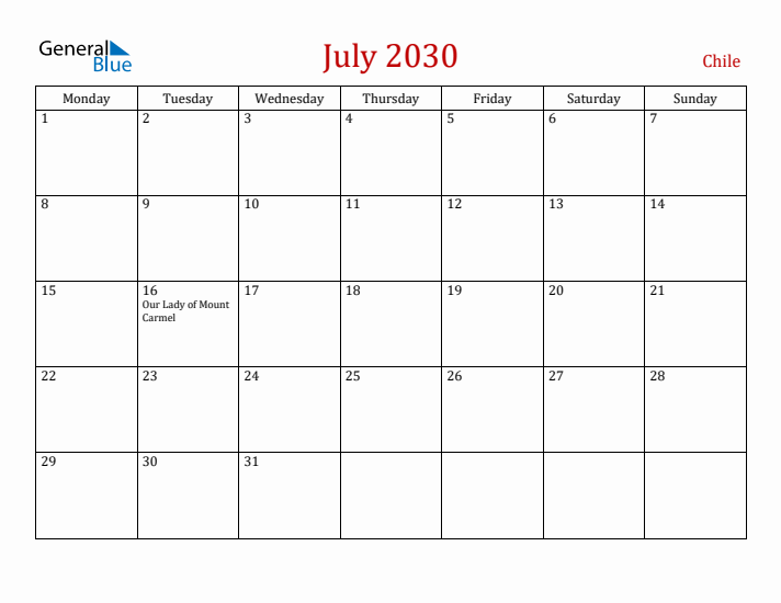 Chile July 2030 Calendar - Monday Start