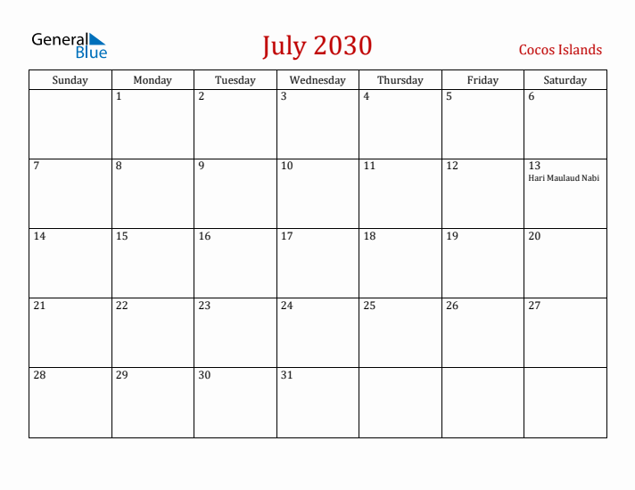 Cocos Islands July 2030 Calendar - Sunday Start