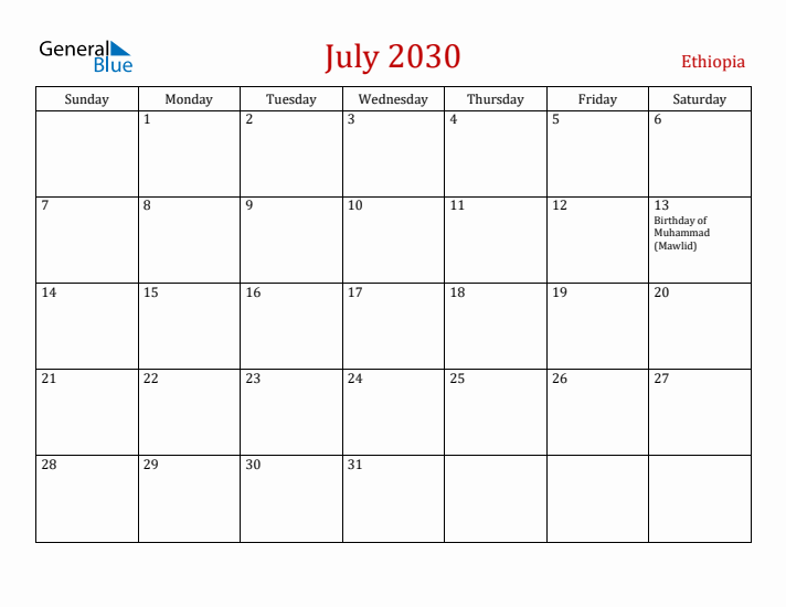 Ethiopia July 2030 Calendar - Sunday Start