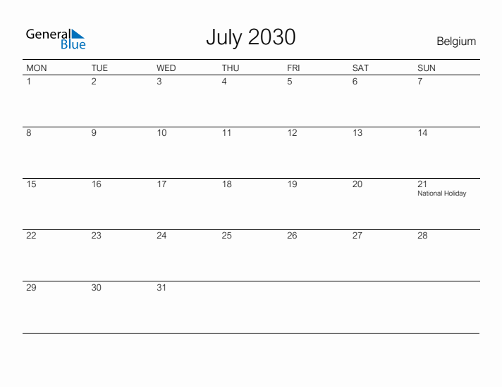 Printable July 2030 Calendar for Belgium