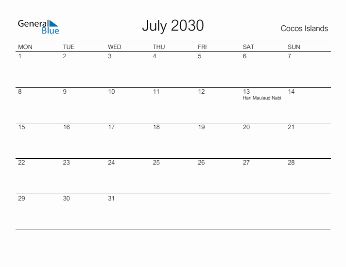 Printable July 2030 Calendar for Cocos Islands