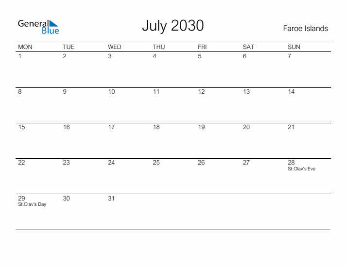 Printable July 2030 Calendar for Faroe Islands