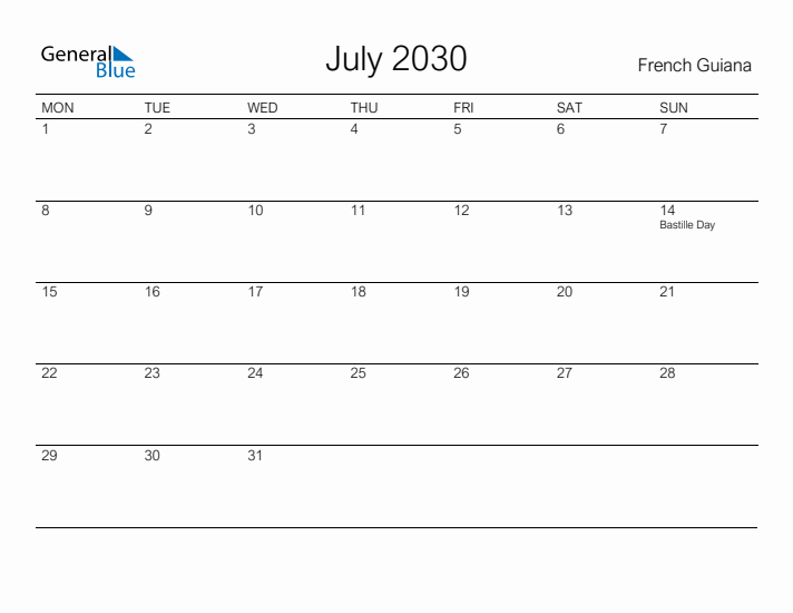 Printable July 2030 Calendar for French Guiana