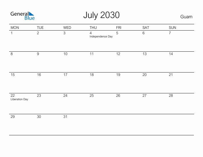 Printable July 2030 Calendar for Guam