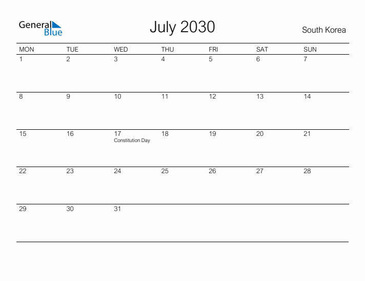 Printable July 2030 Calendar for South Korea