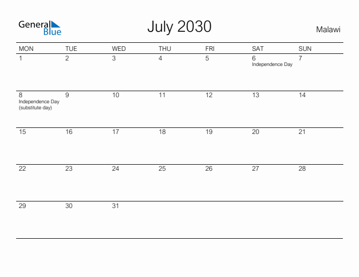 Printable July 2030 Calendar for Malawi